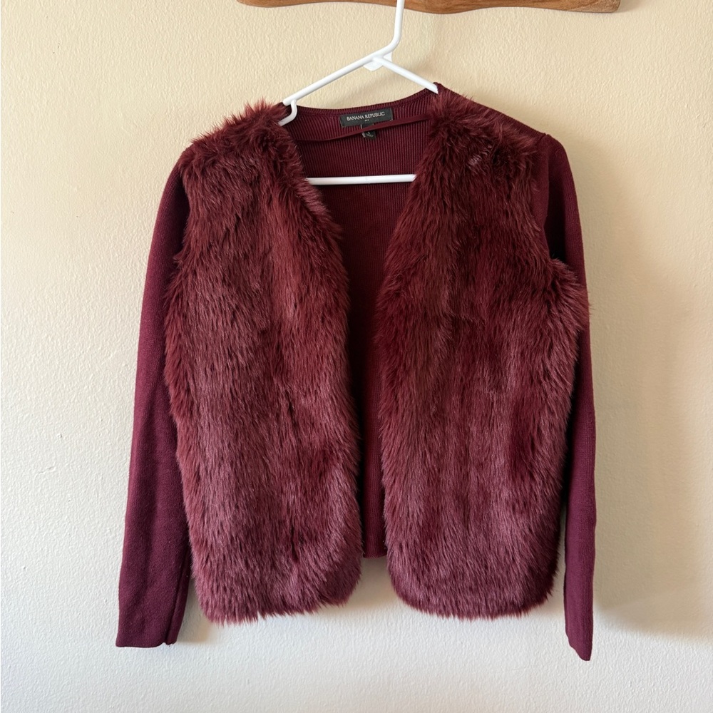 Banana Republic Burgundy Faux Fur Front Cardigan Sweater Size S Petite Glam